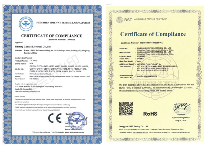 certification of PL-L55W H type of UV lamp